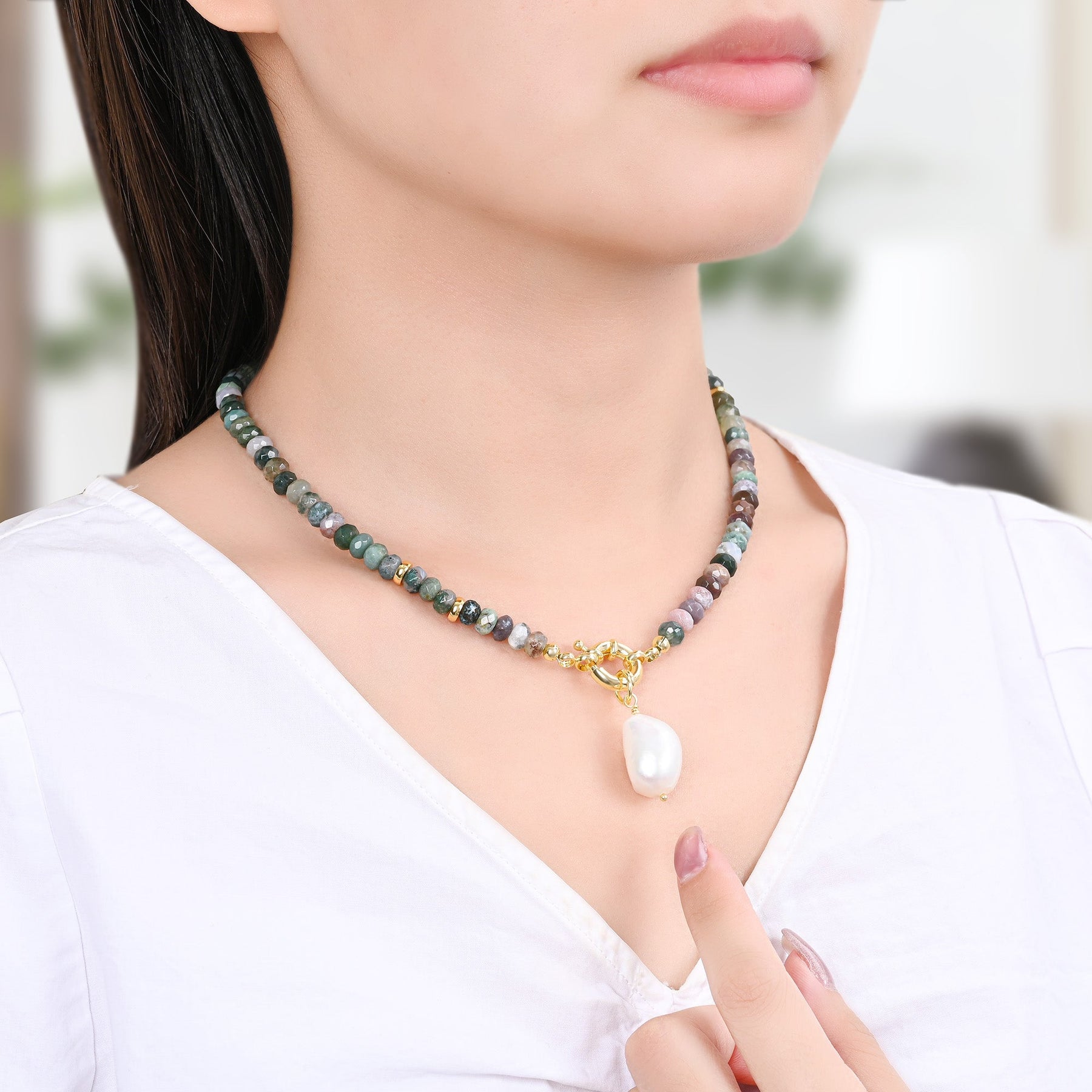 아게이트 진주 참 목걸이