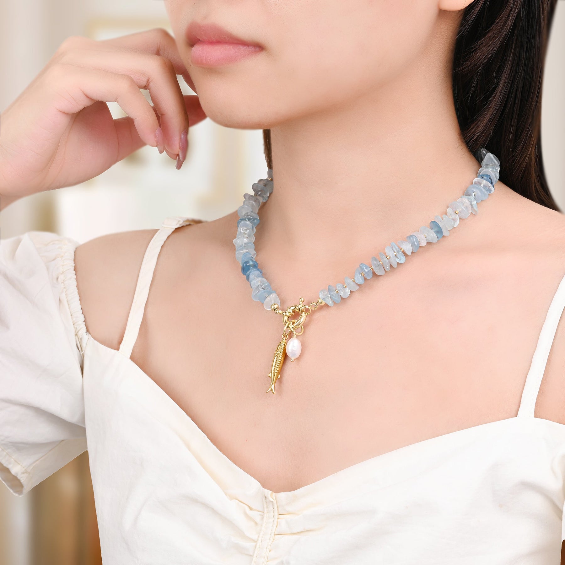 아쿠아마린 진주 참 목걸이