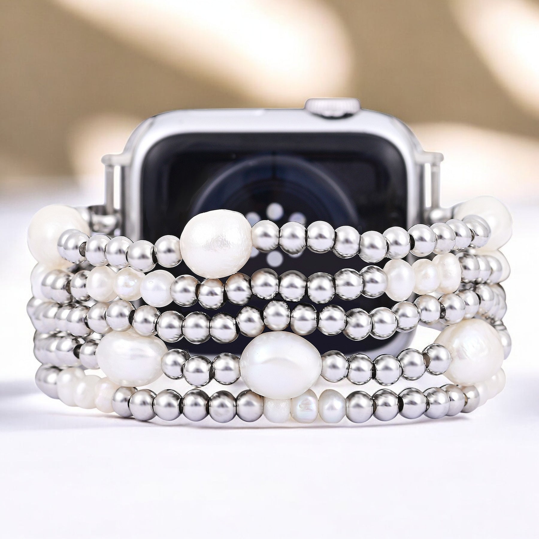 Pearl and Silver Stretch Apple Watch Strap
