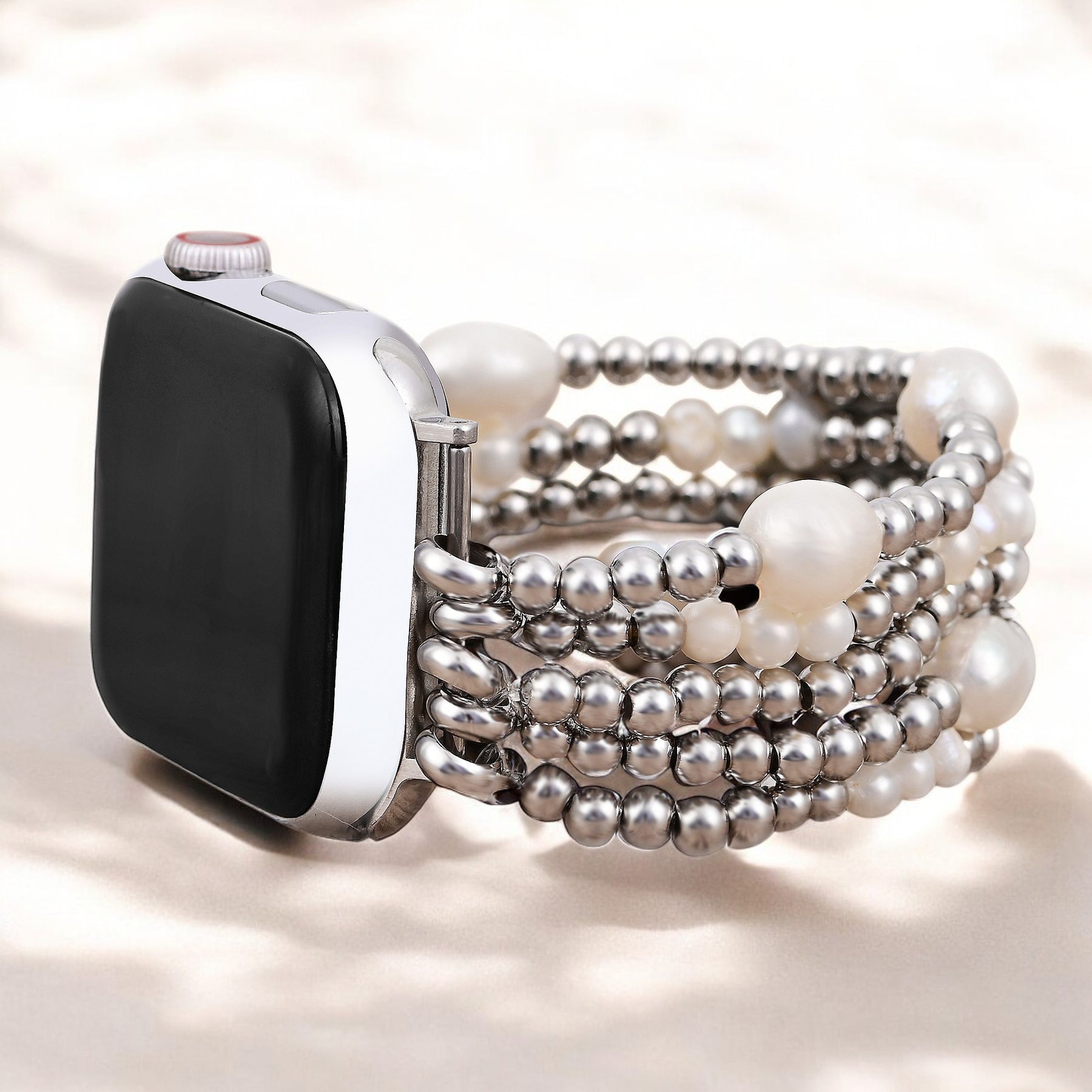 Pearl and Silver Stretch Apple Watch Strap