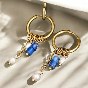Golden Lapis Bloom Drop Hoop Earrings