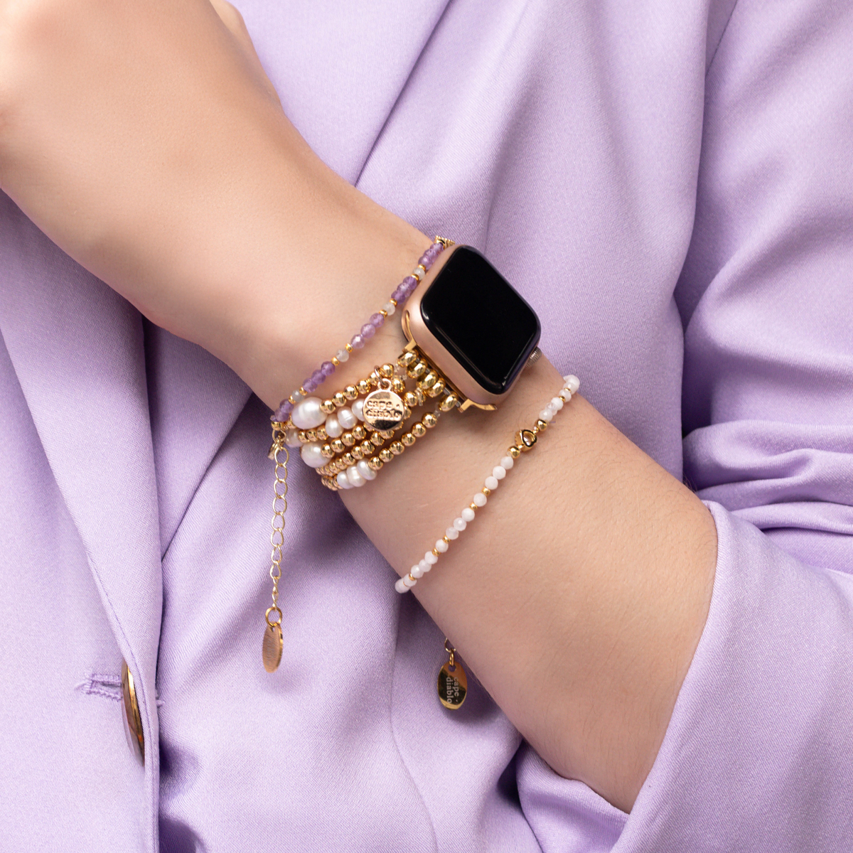 골드 및 진주 스트레치 Apple Watch 스트랩
