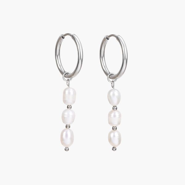 Silver Lustrous Cascade Pearl Hoop Earrings