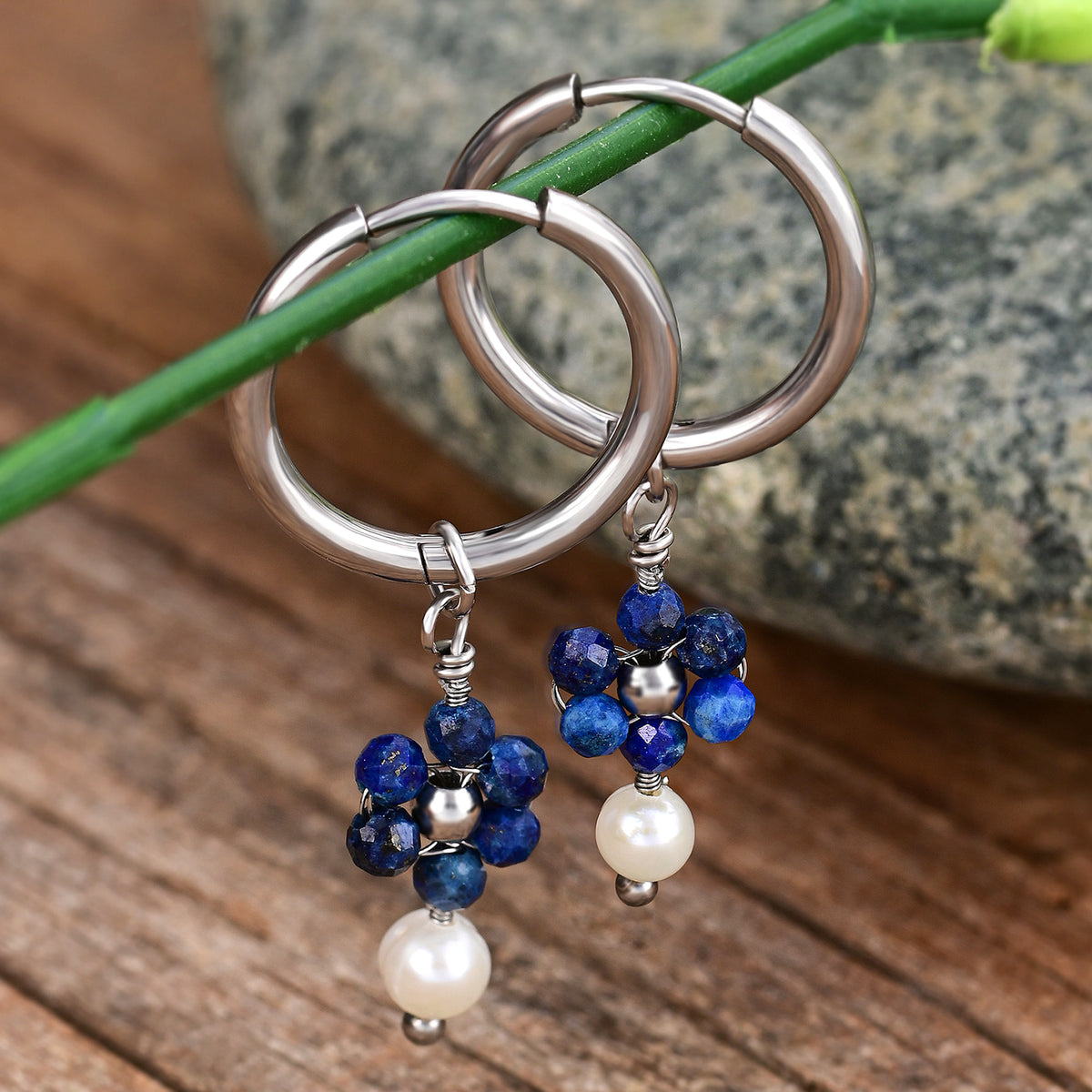 Silver Lapis Lazuli & Pearl Blossom Hoop Earrings