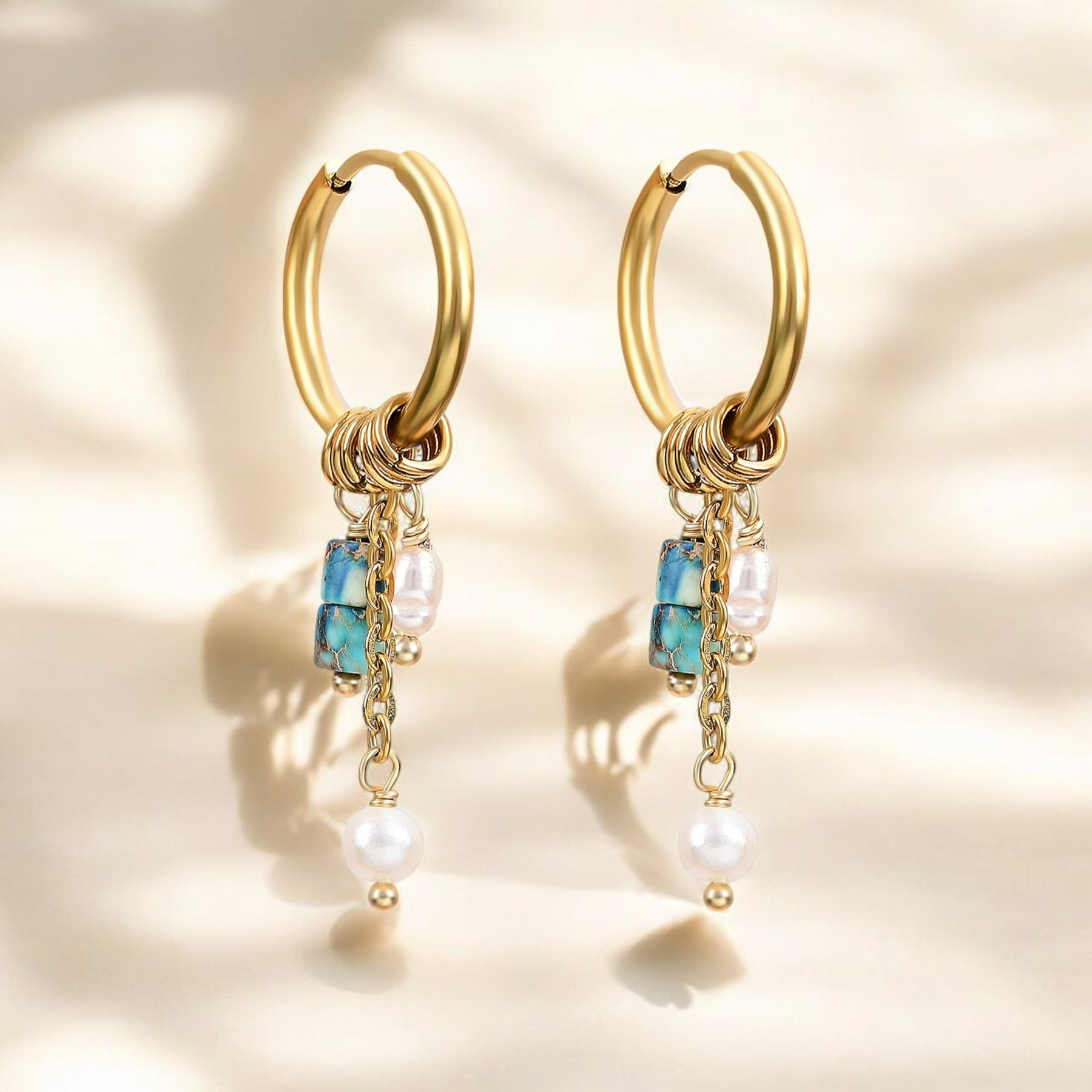 Golden Turquoise Bloom Drop Hoop Earrings