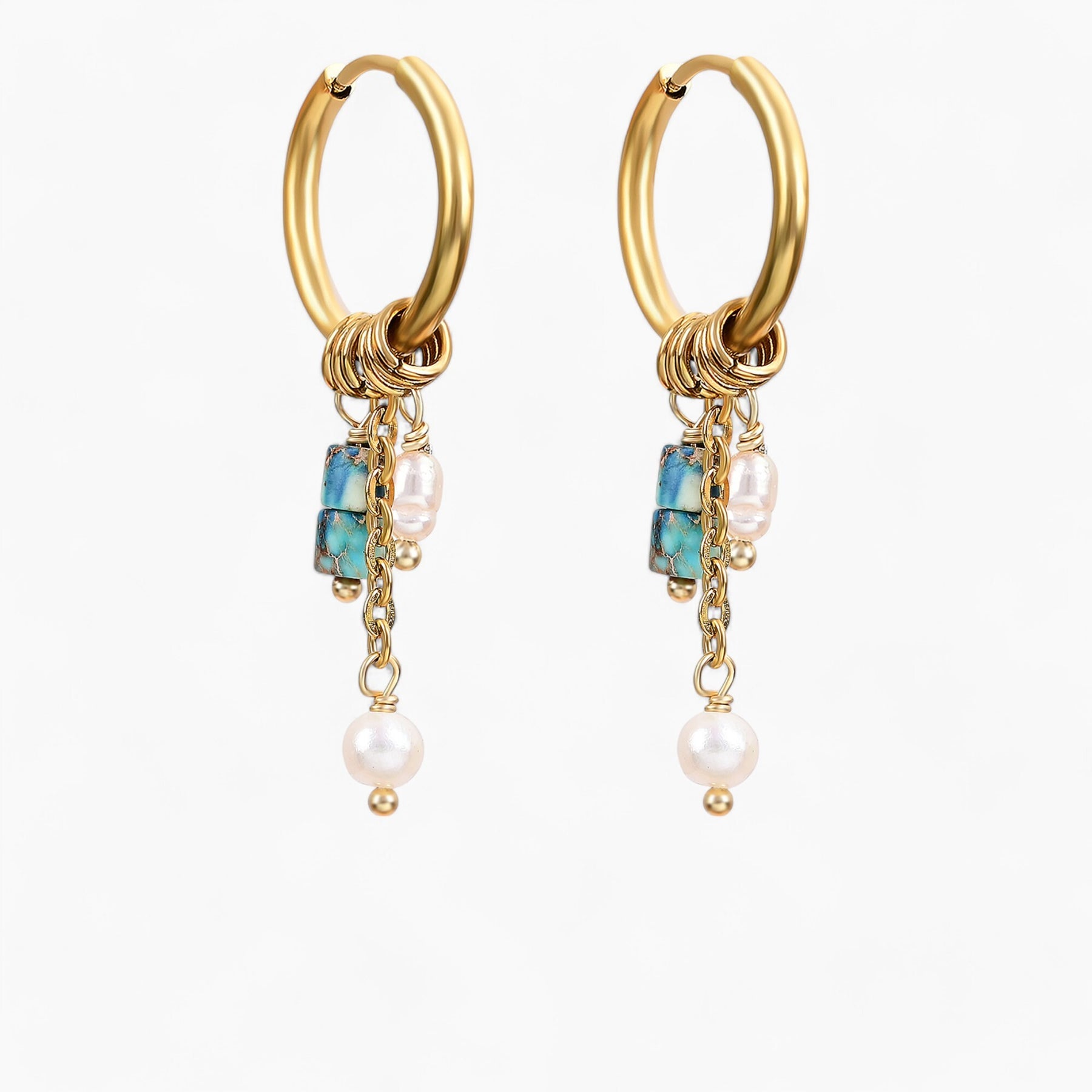 Golden Turquoise Bloom Drop Hoop Earrings