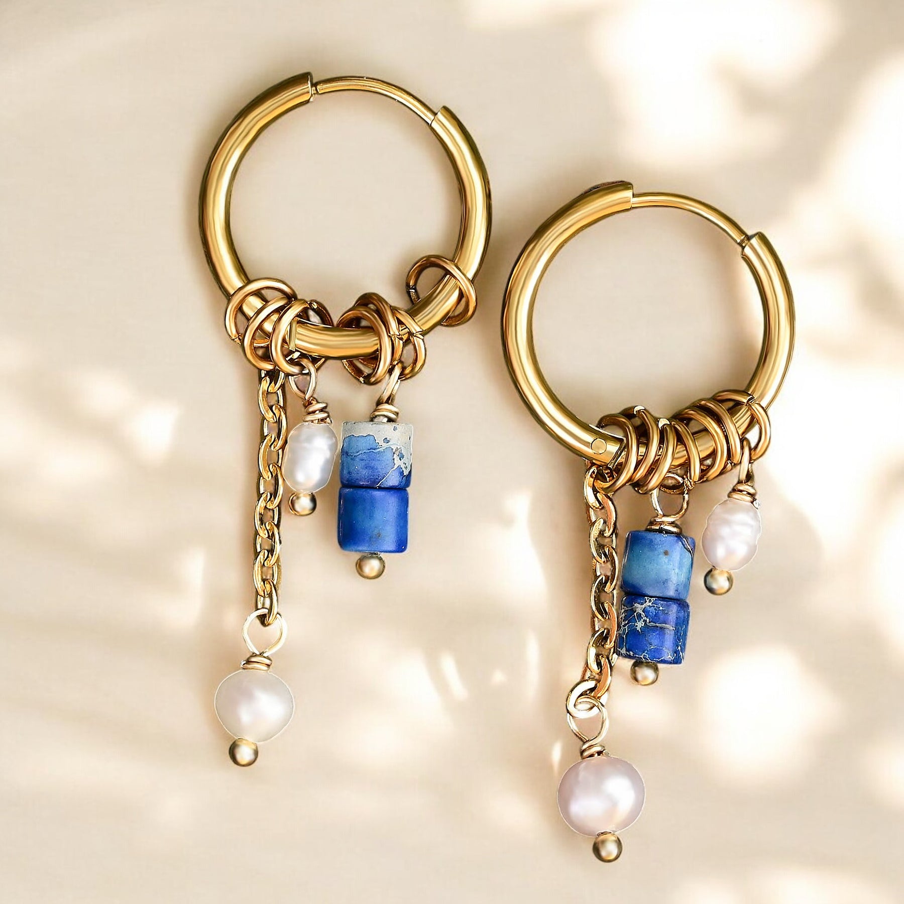 Golden Lapis Bloom Drop Hoop Earrings