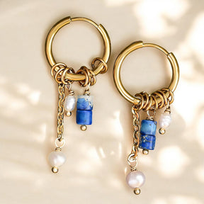 Golden Lapis Bloom Drop Hoop Earrings