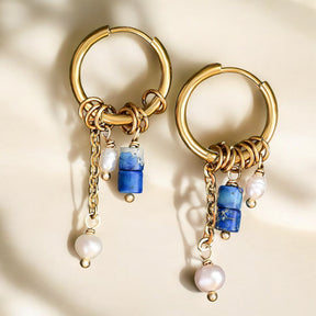 Golden Lapis Bloom Drop Hoop Earrings