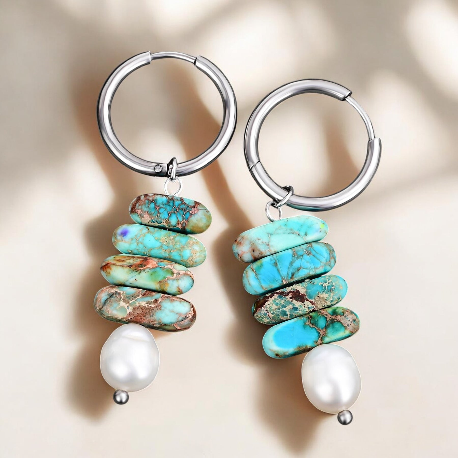 Ocean Bliss Pearl & Turquoise Jasper Hoop Drops
