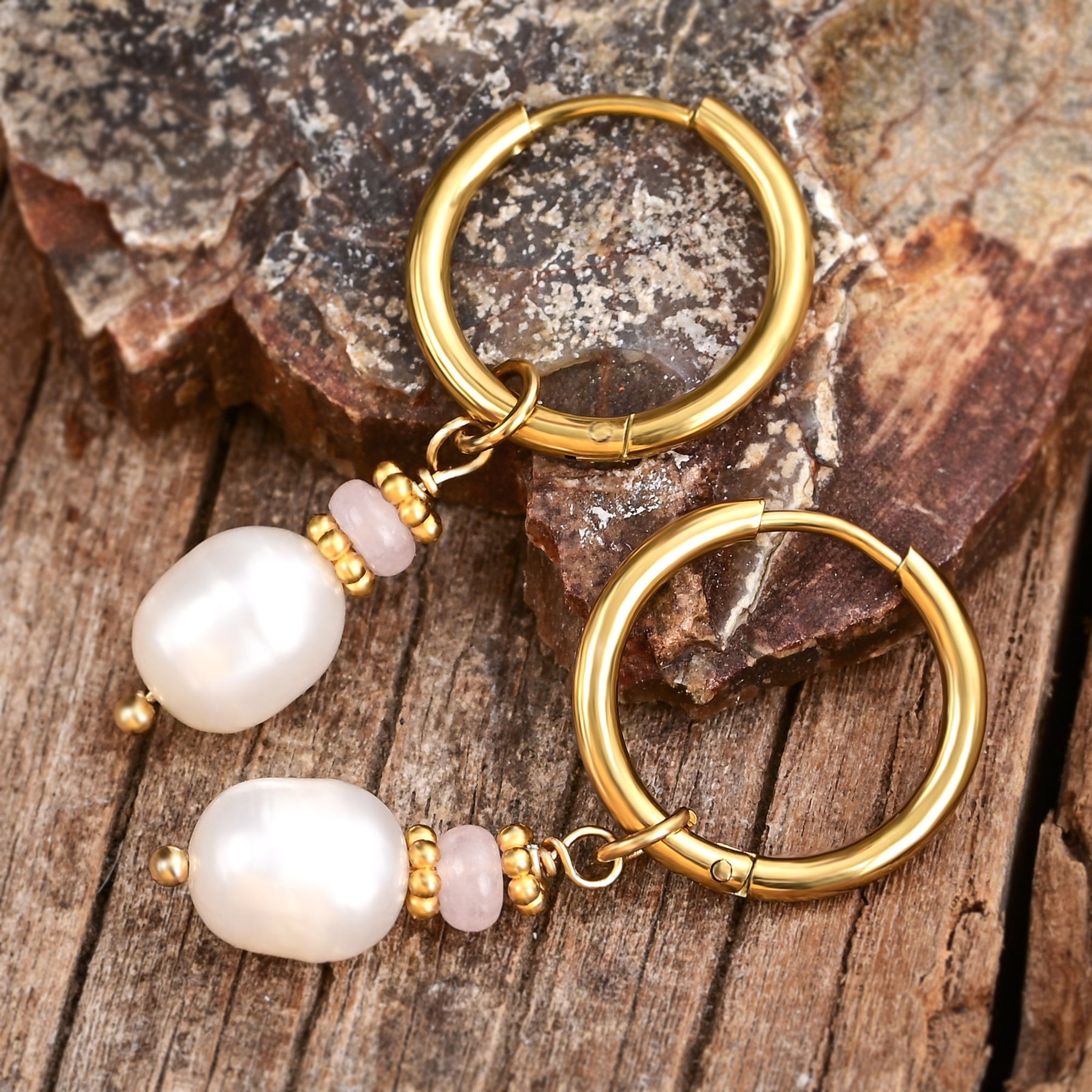 Golden Grace Pearl & Rose Agate Hoop Earrings