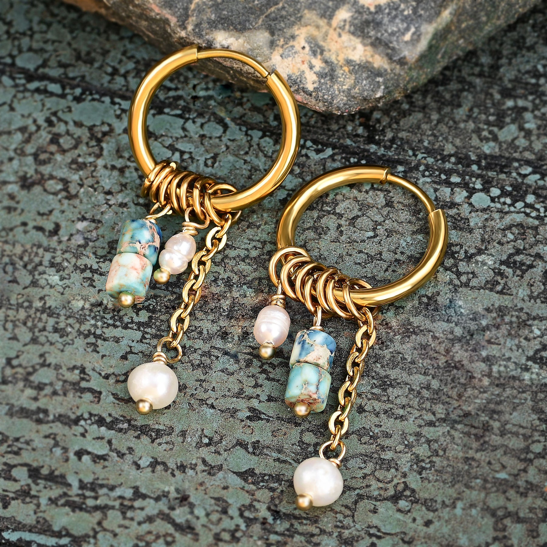 Golden Turquoise Bloom Drop Hoop Earrings