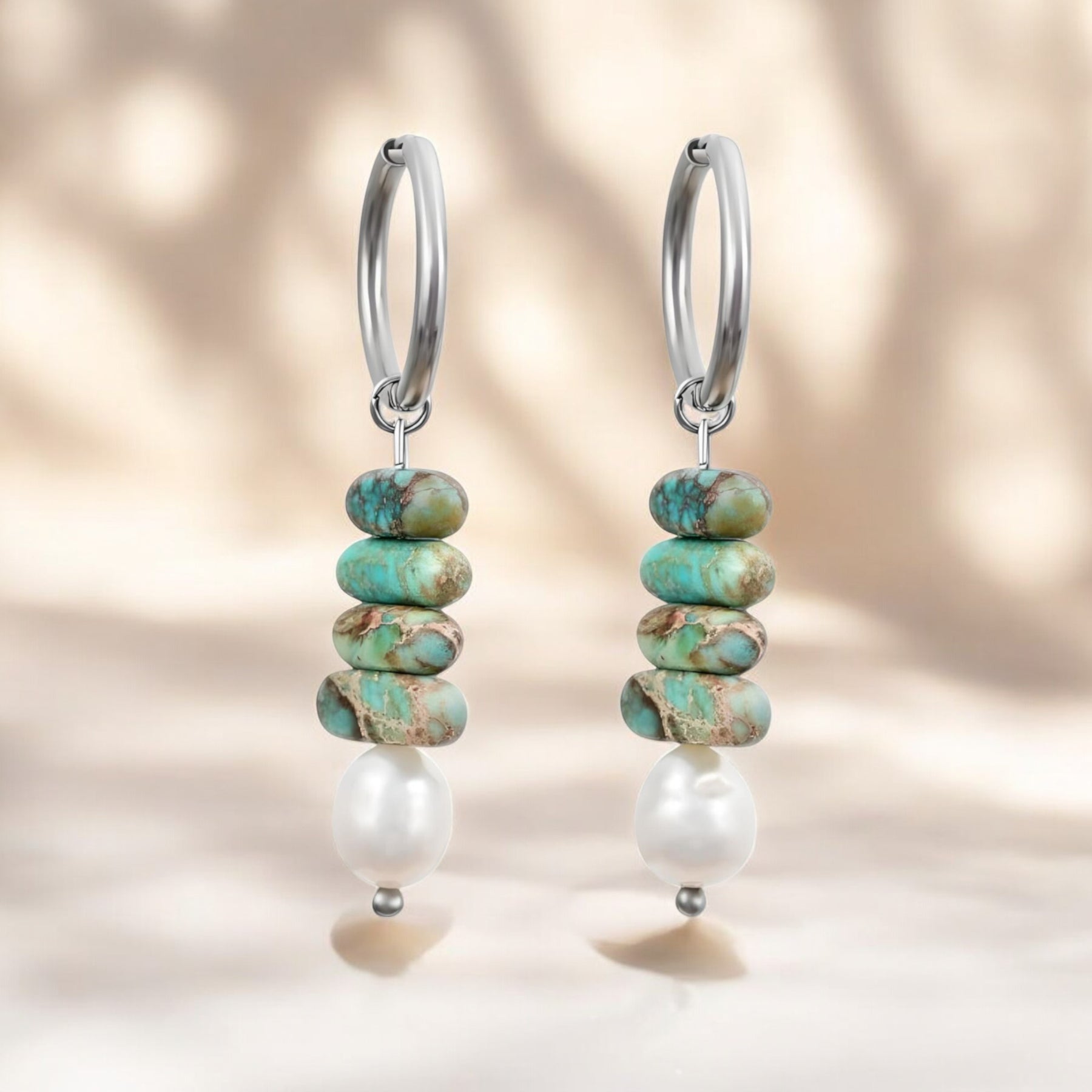 Ocean Bliss Pearl & Turquoise Jasper Hoop Drops