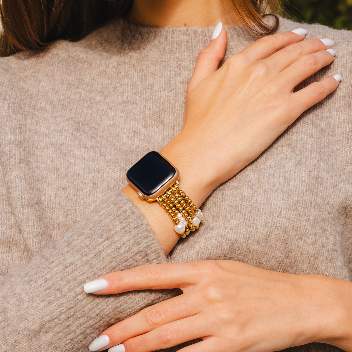 골드 및 진주 스트레치 Apple Watch 스트랩