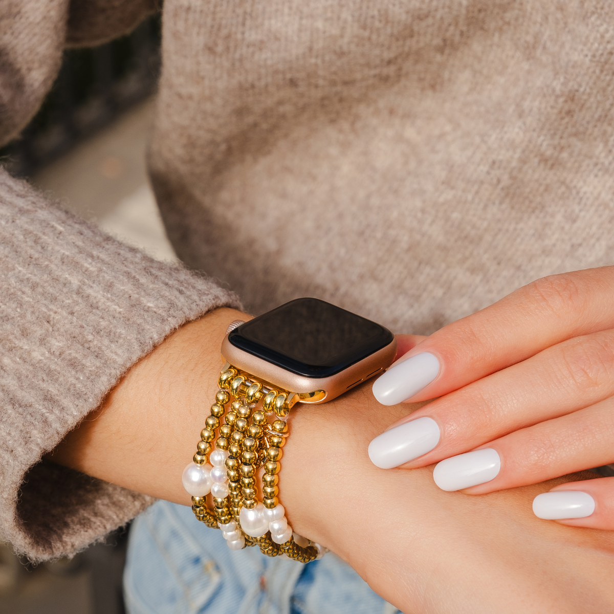 골드 및 진주 스트레치 Apple Watch 스트랩