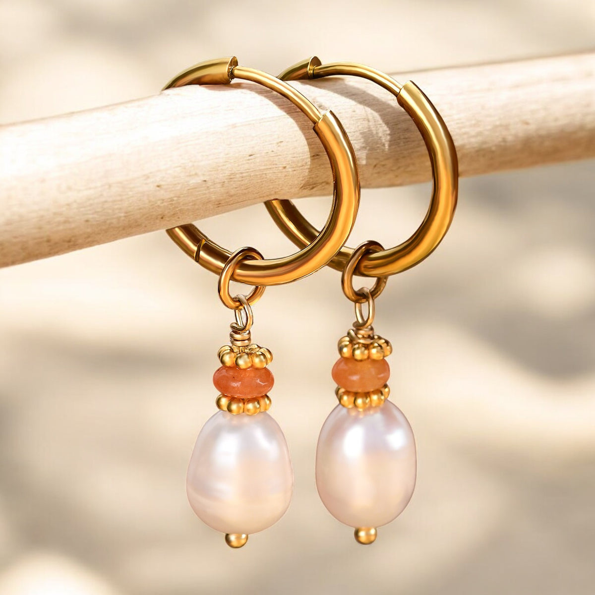 Golden Grace Pearl & Aventurine Agate Hoop Earrings