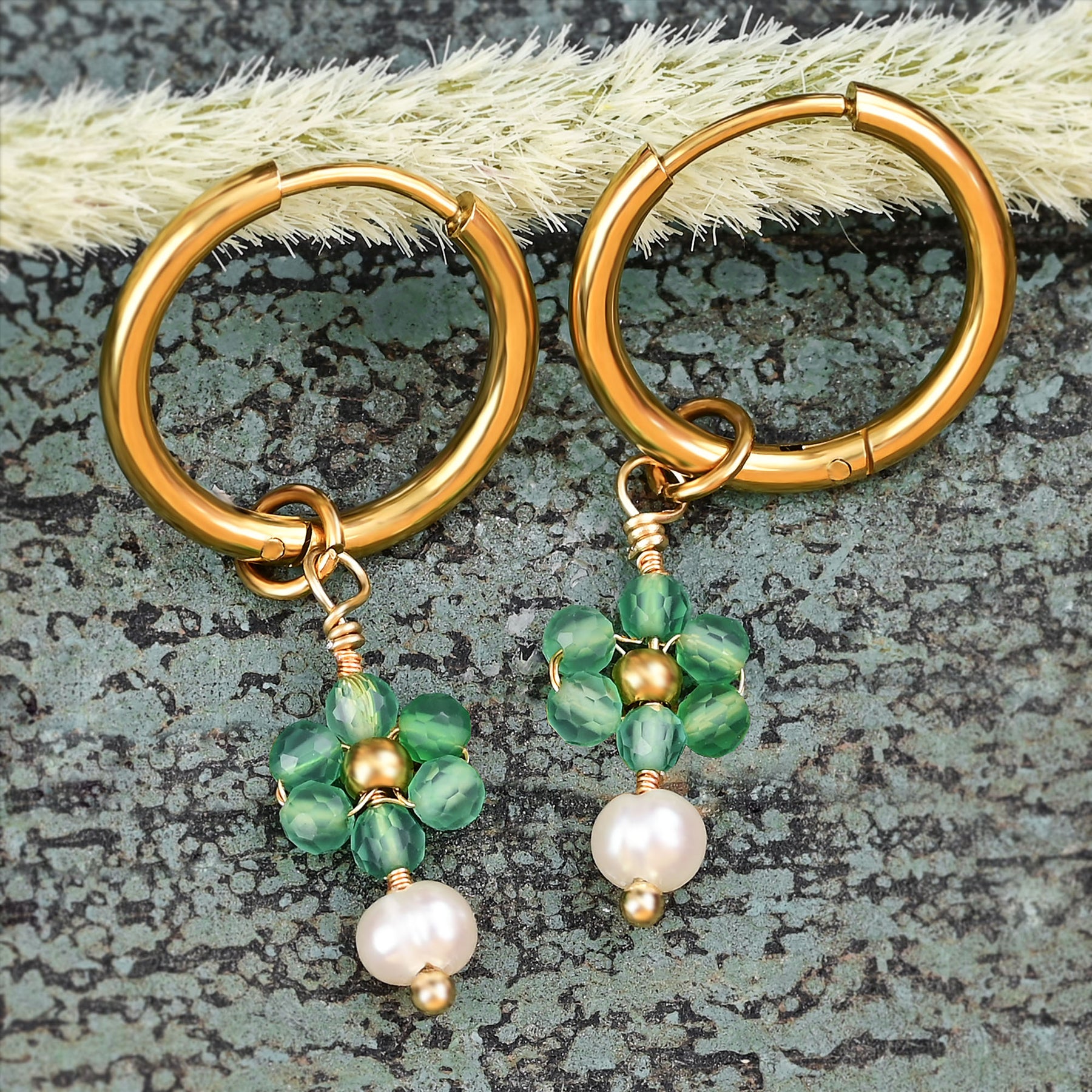 Green Blossom Pearl Hoop Earrings