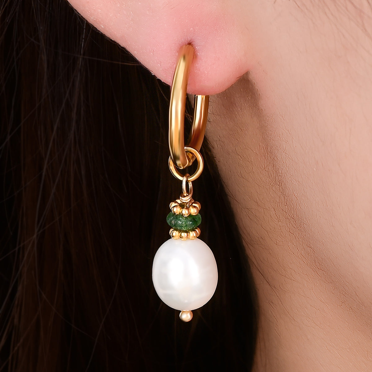 Golden Grace Pearl & Green Agate Hoop Earrings