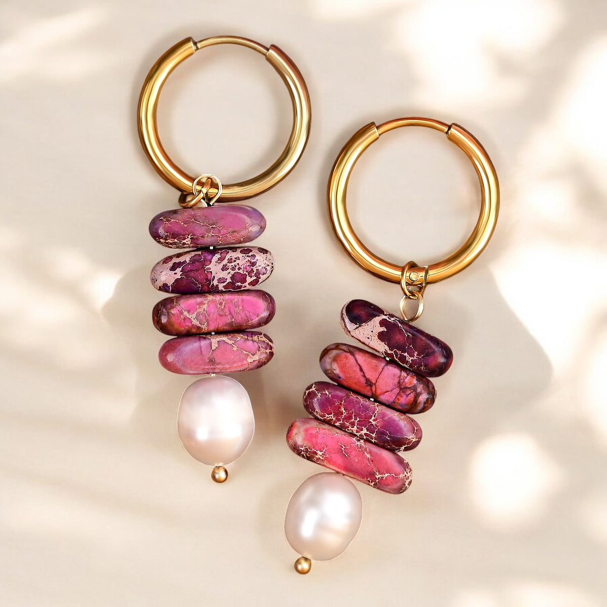 Ocean Bliss Pearl & Magenta Jasper Hoop Drops