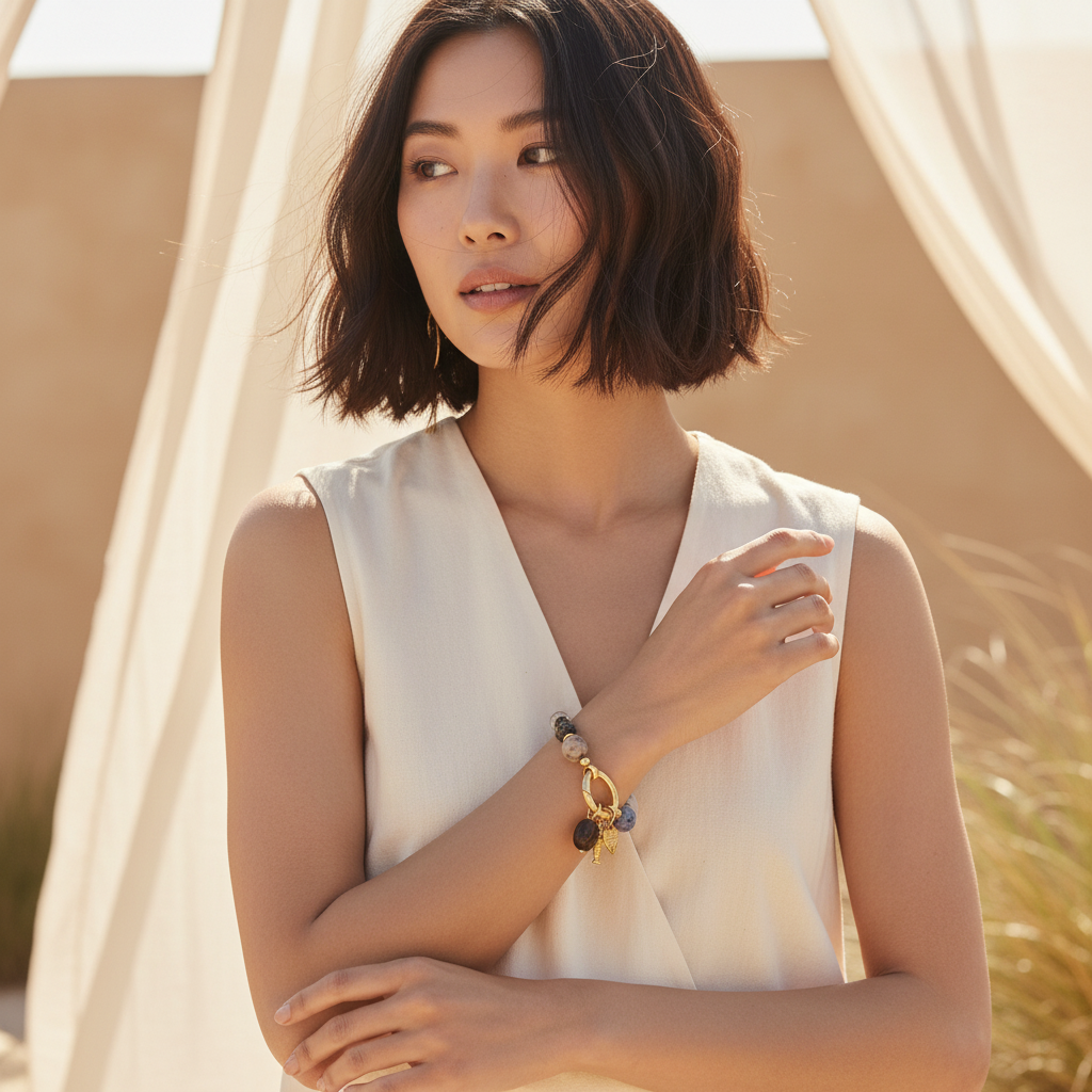 흑요석 하트 참 팔찌