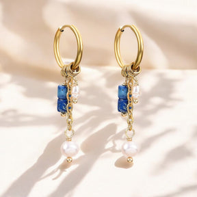 Golden Lapis Bloom Drop Hoop Earrings