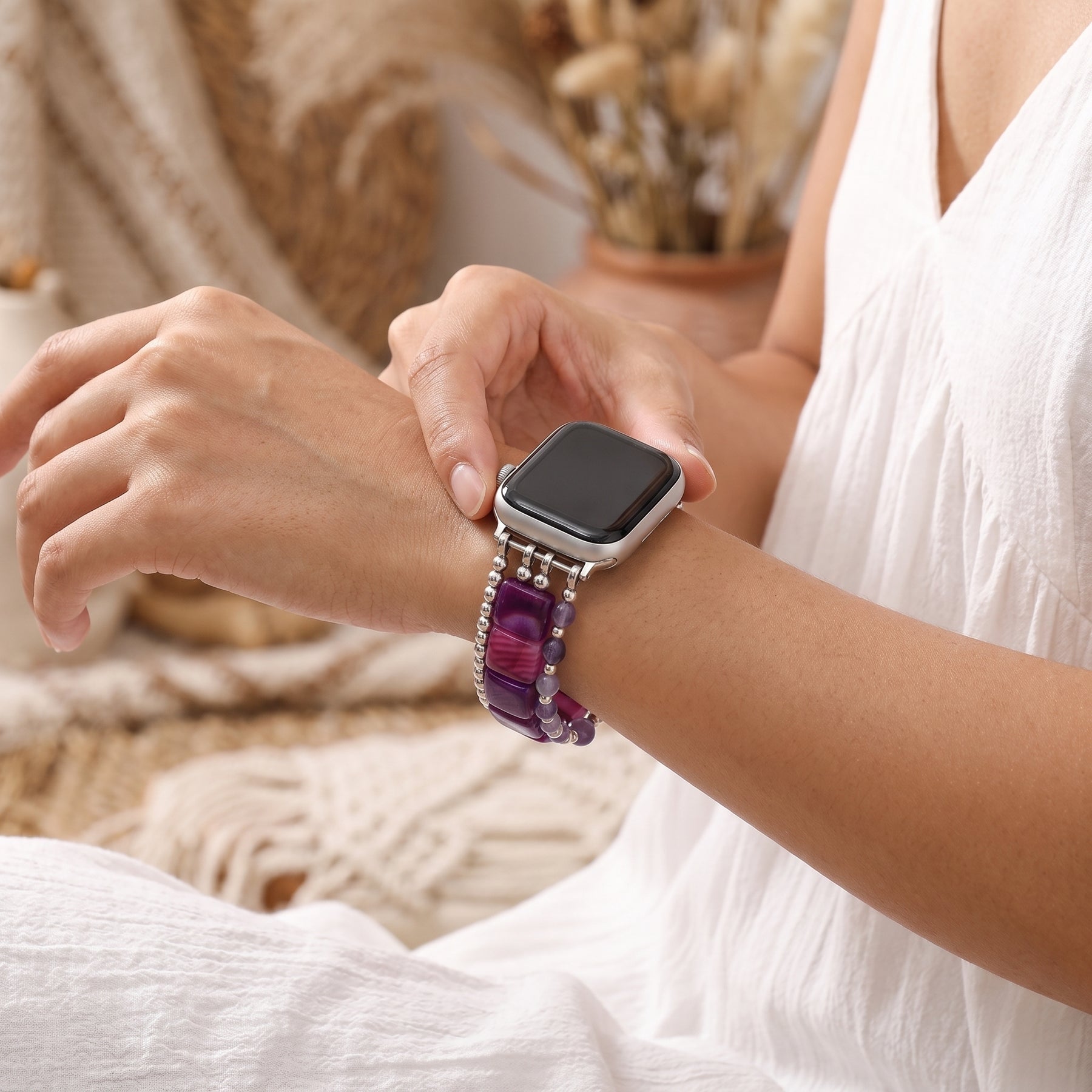 Wild Grace Agate Stretch Apple Watch Strap Silver